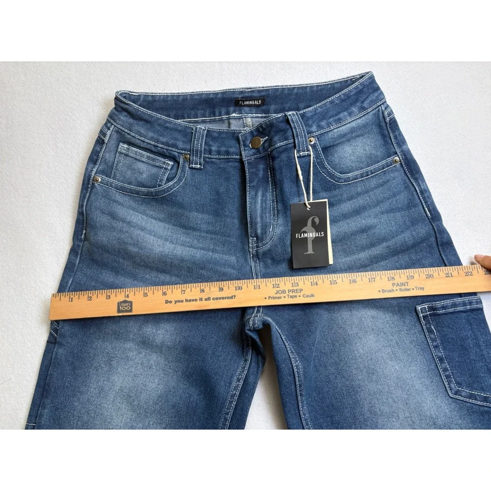 Flamingals Womens High Waisted Wide Leg Carpenter Jeans Medium Wash Blue Size L